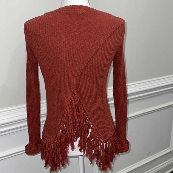 Anthropologie Eri+Ali Scoop Neck Burnt Orange Cuffed Sleeves Fringe Sweater sz S - Picture 3 of 7